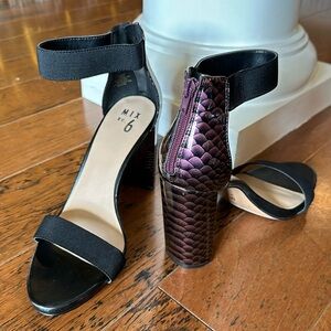 Black strappy heel purple reptile print size 10